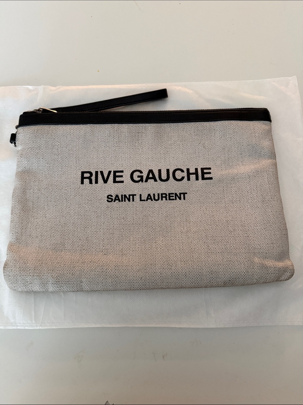 Saint Laurent Beige Canvas Rive Gauche Pouch with Black Trim
